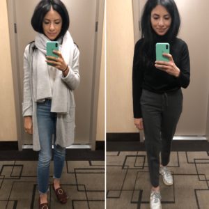 Woman in different outfits holding phone to take full body picture