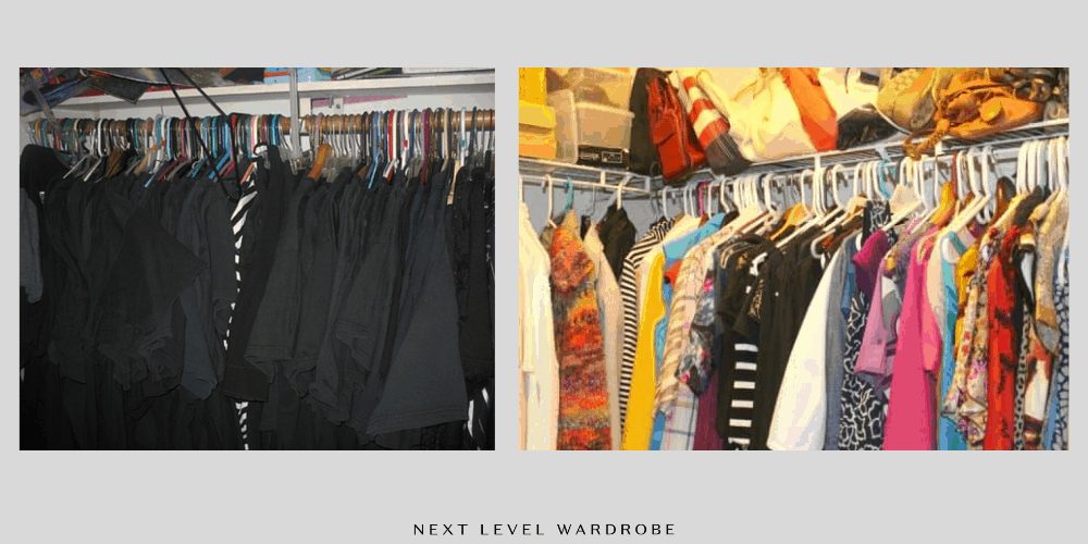 Picture of closet with all black clothing besides a closet with crazy colors and prints.