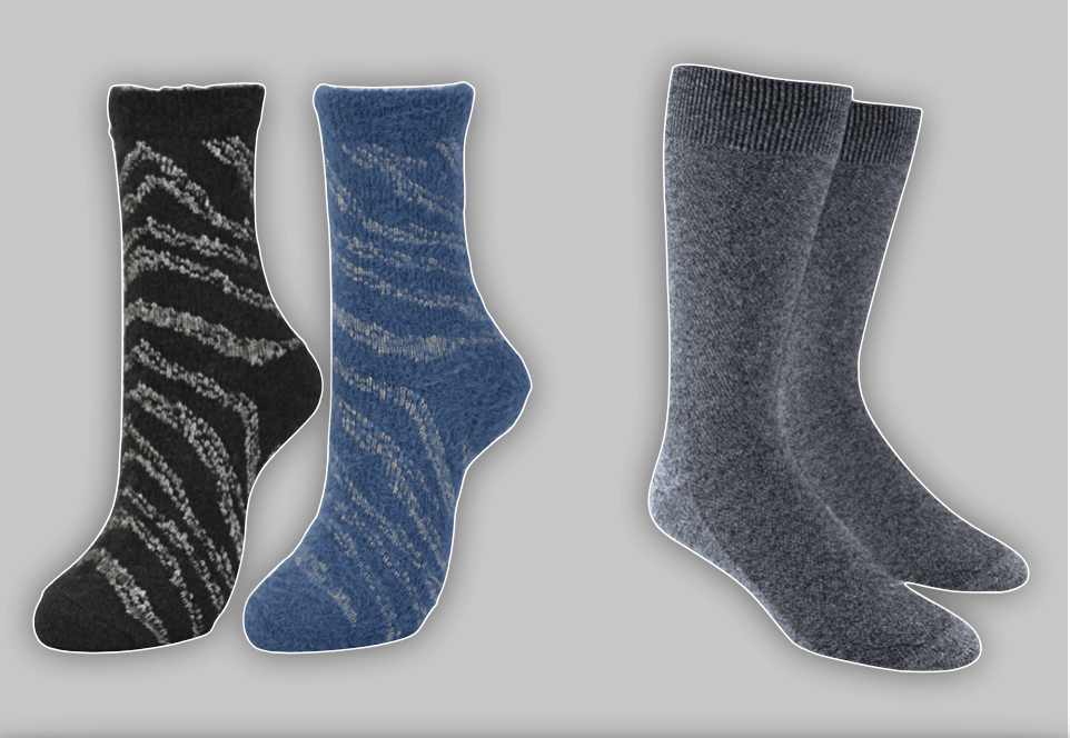 Zebra print socks in black and blue. Heather navy socks.