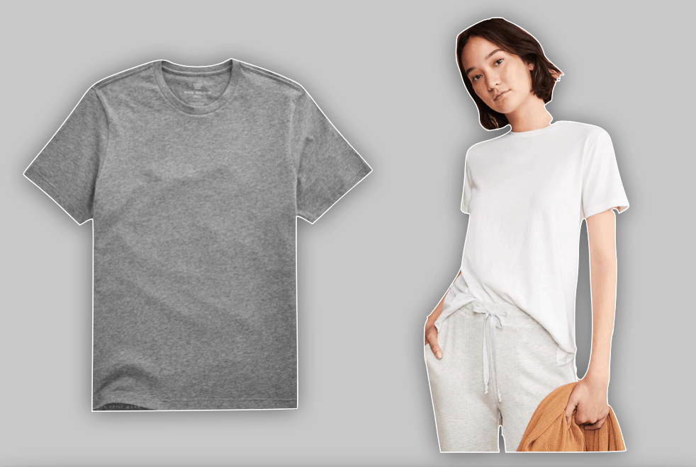 Grey t-shirt and picture of woman wearing white t-shirt and light grey sweatpants