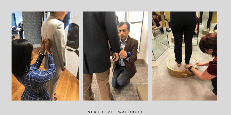 woman getting pants hemmed, man getting sleeve hemmed, woman getting blazer taken in