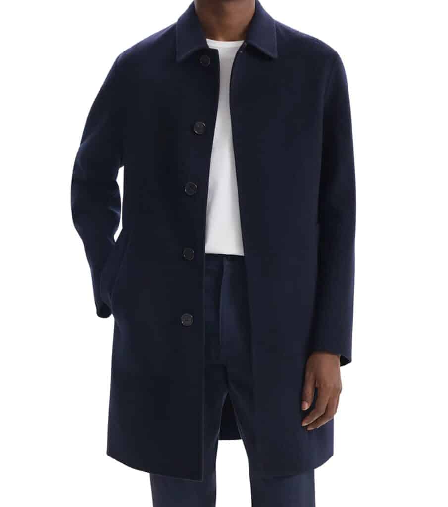 mens dark blue colored car coat