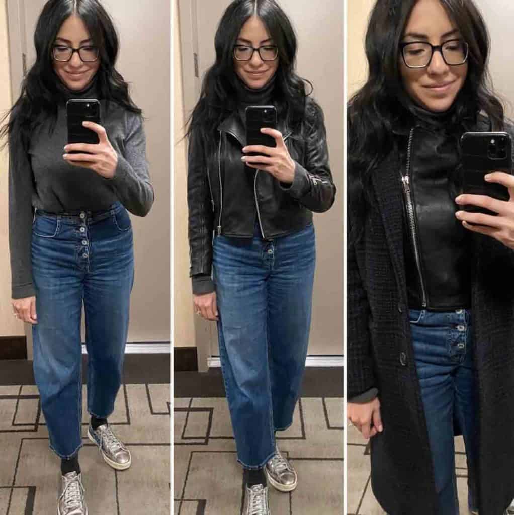 woman dressed in three basic outfits black tops and jeans
