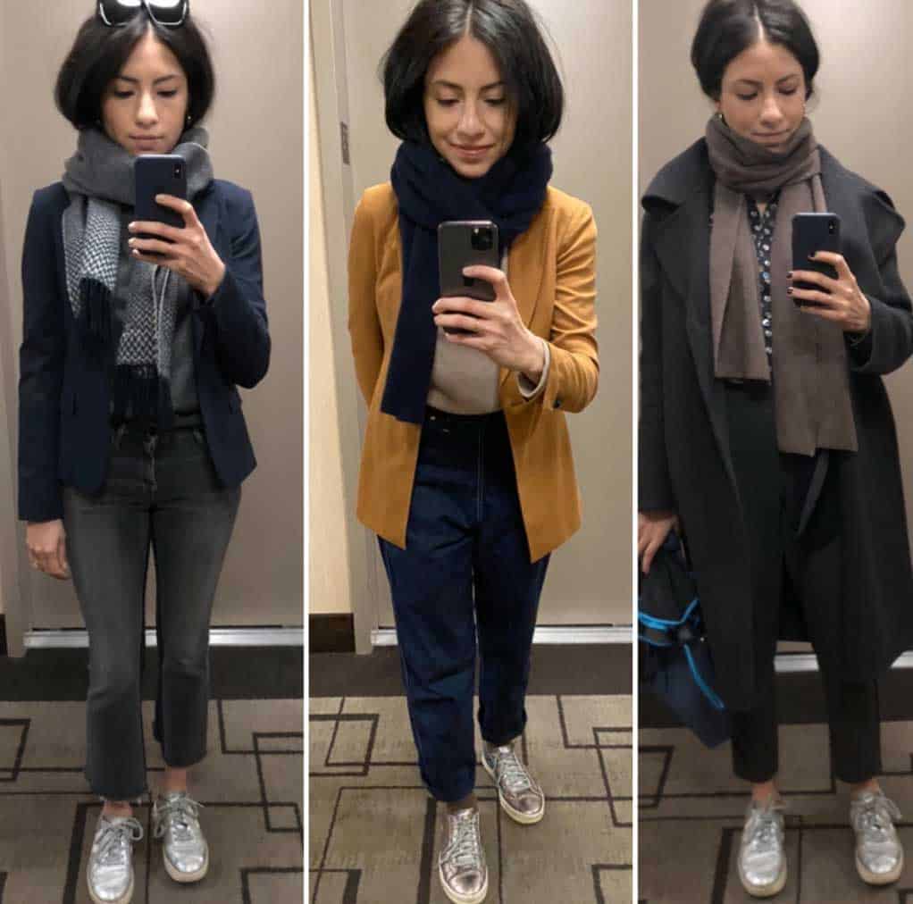 Cassandra Sethi wears a series of three scarves tied three different ways