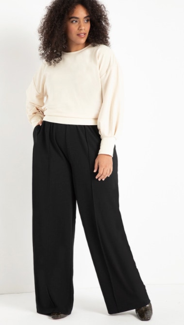 Woman Wearing Eloquii Pintuck Wide Leg Pant As An Example Of Business Casual Basics For Plus Size Women