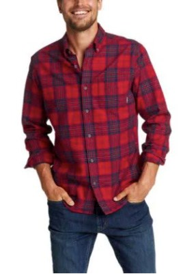 A Male Model Wearing A Red And Blue Patterned Eddie Bauer Flannel Is Not Business Casual For Men