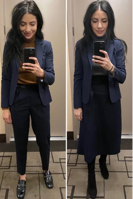 Cassandra Sethi Modeling Business Casual Drawstring Waist Trousers As An Alternative To Leggings