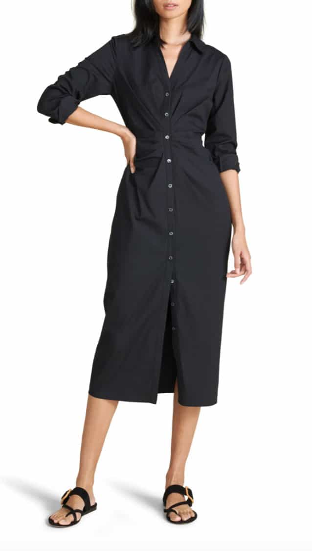 A Woman Wearing Cita Long Sleeve Stretch Cotton Shirtdress As Part Of A Work Capsule Wardrobe For Summer