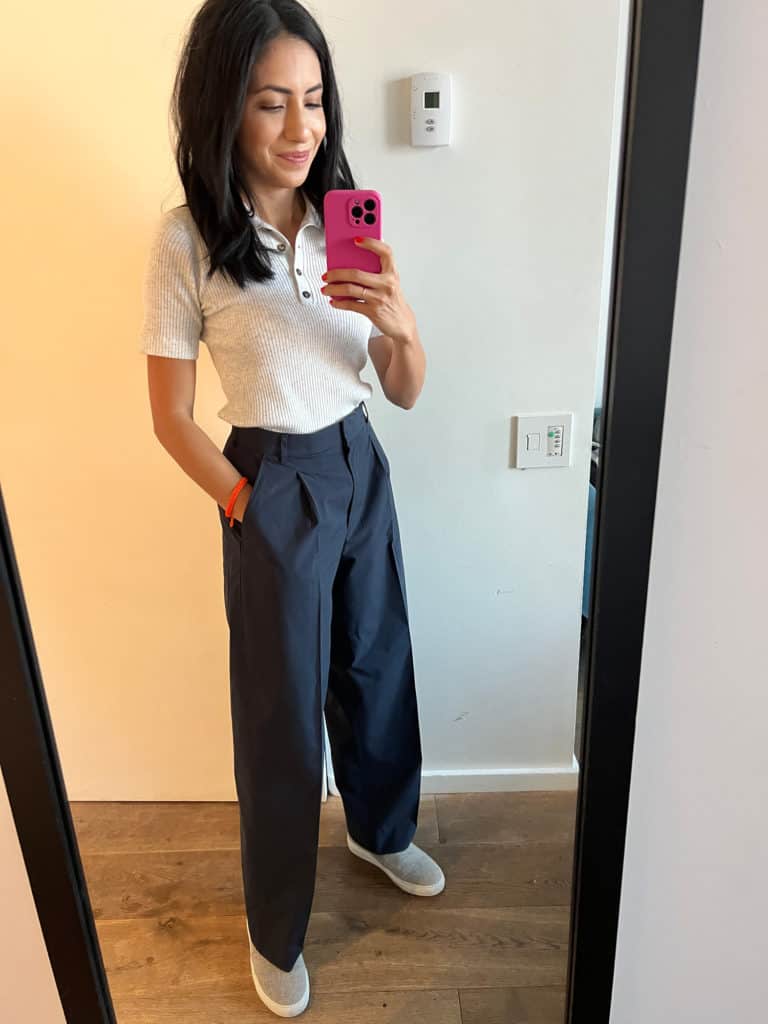 Cassandra Sethi wearing Short-Sleeve Polo and Essential Trousers for the hot NYC summer