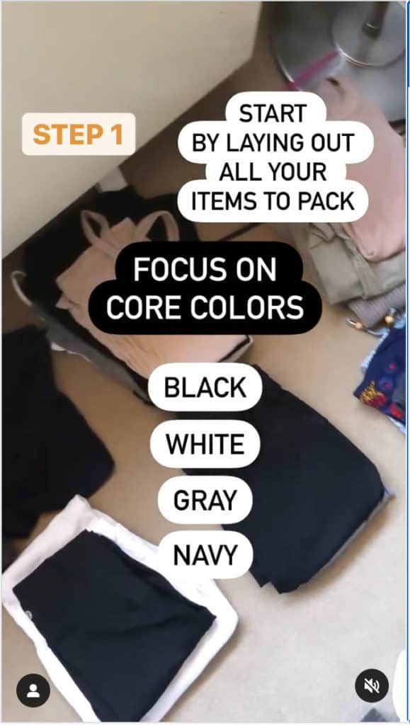 Screenshot Of An Instagram Story Advising To Focus On Core Colors When Packing For A Business Trip