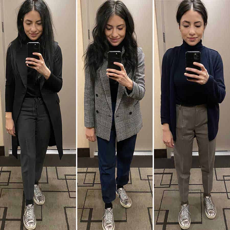 Stylist Cassandra Sethi Modeling Three Power Casual Outfit Examples