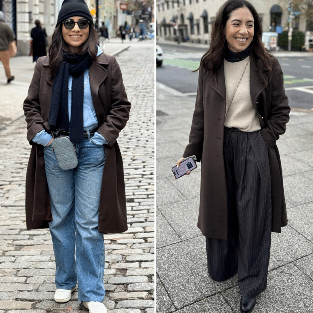 professional stylist cassandra sethi in two side by sides wearing winter outfits and shoes to match.