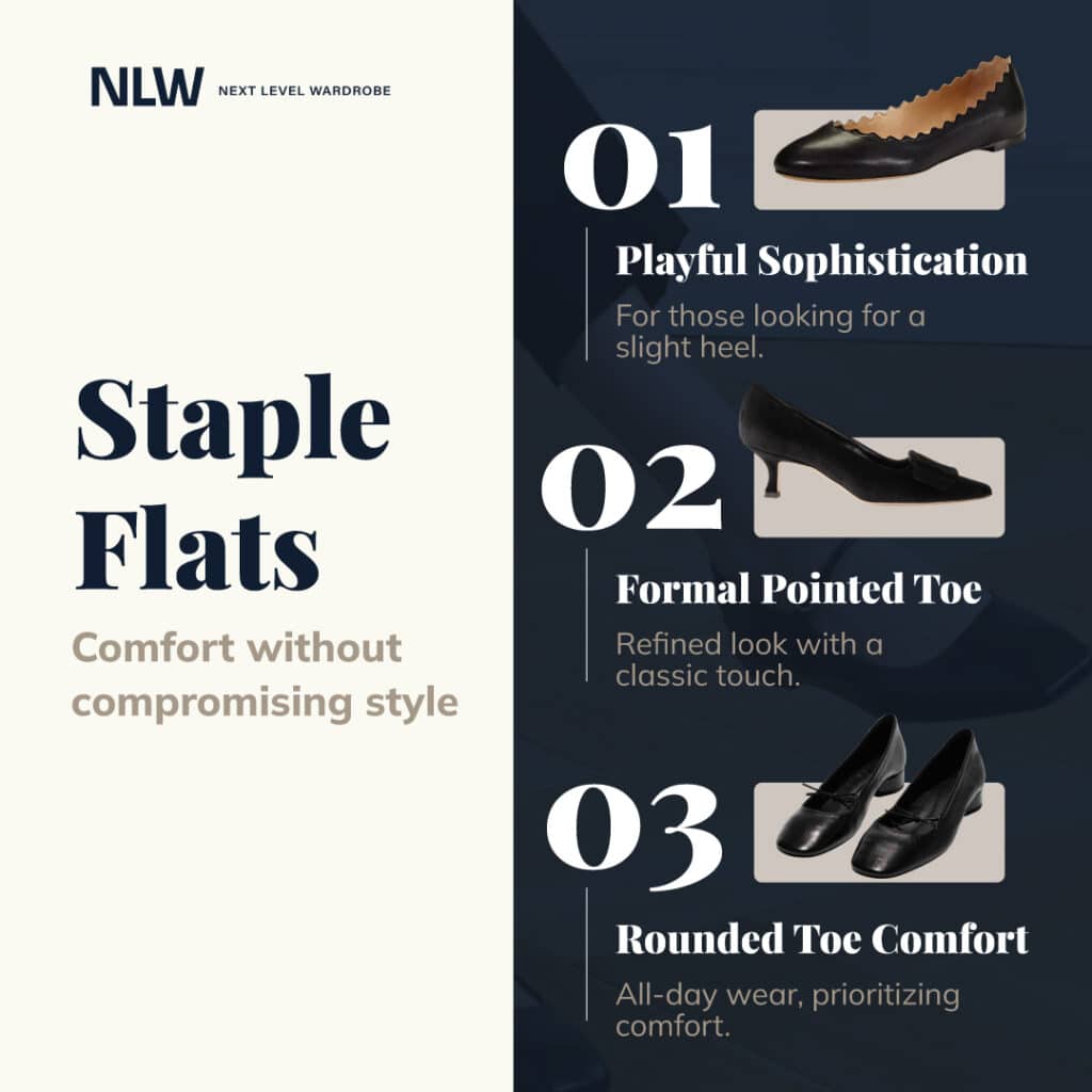 Infographic including staple flats for business casual and business formal office workwear.