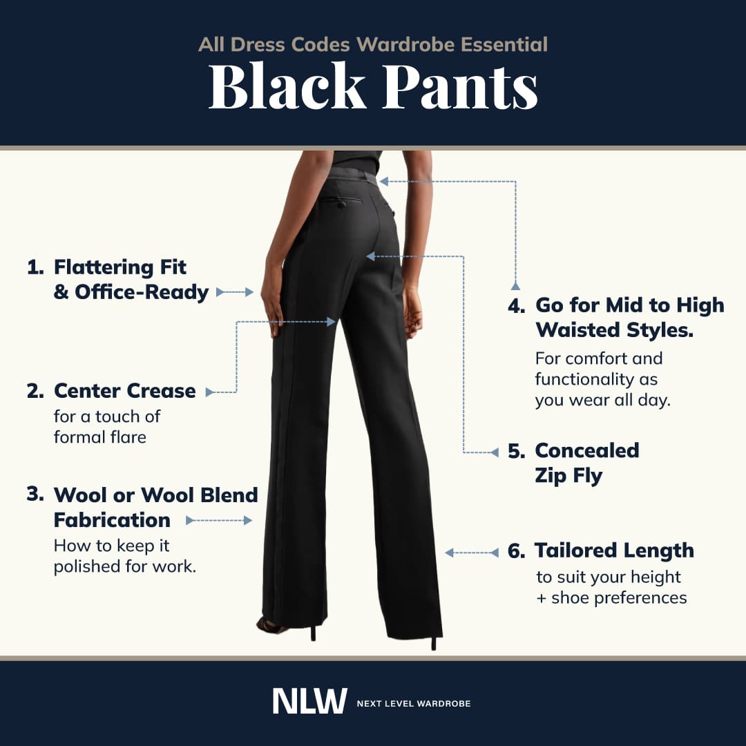 Infographic depicting office workwear black pants for business casual and business formal attire.