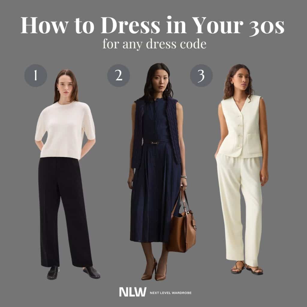Infographic showing three examples of how to dress in your 30s.