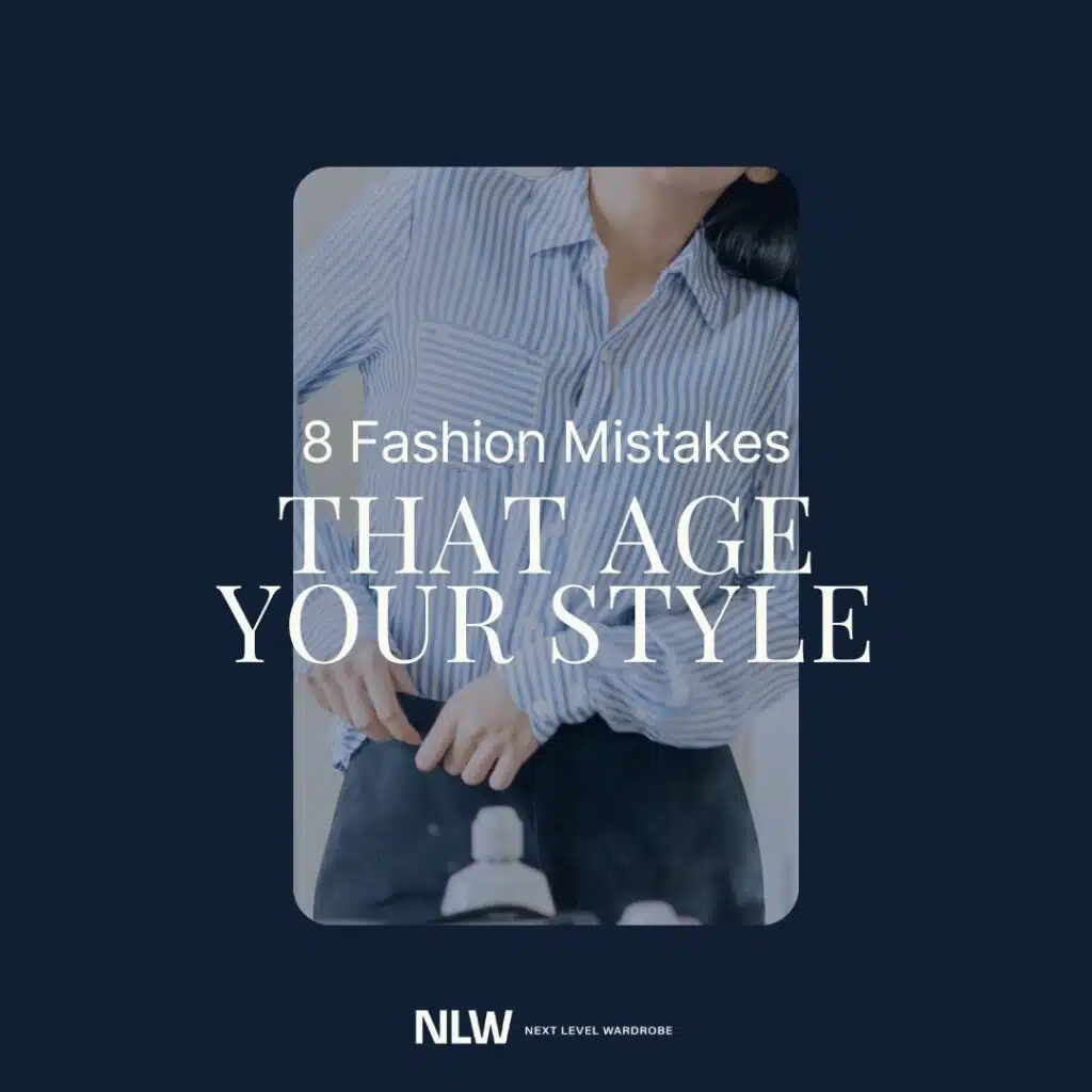 Featured image of a woman dressed in business attire with the title 9 Fashion Mistakes That Age Your Style.