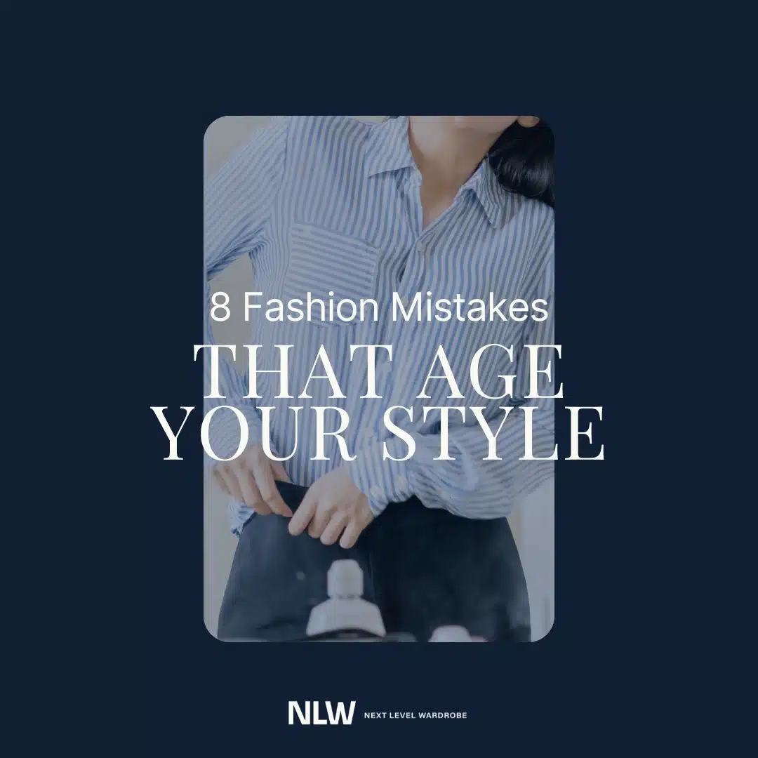 Featured image of a woman dressed in business attire with the title 9 Fashion Mistakes That Age Your Style.