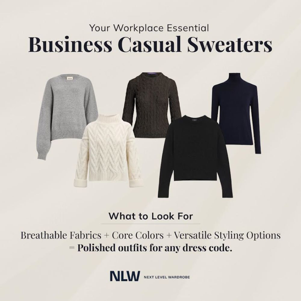 Infographic depicting business casual sweater options for women in the workplace.