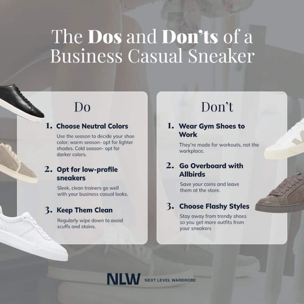 Infographic depicting the dos and donts of womens business casual workwear sneakers