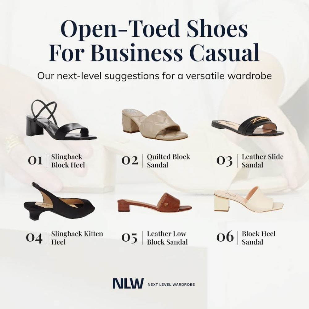 Infographic depicting open-toed shoes for womens business casual workwear.