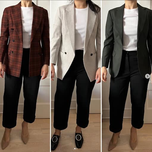 Three images of plain white t-shirts styled with a blazer