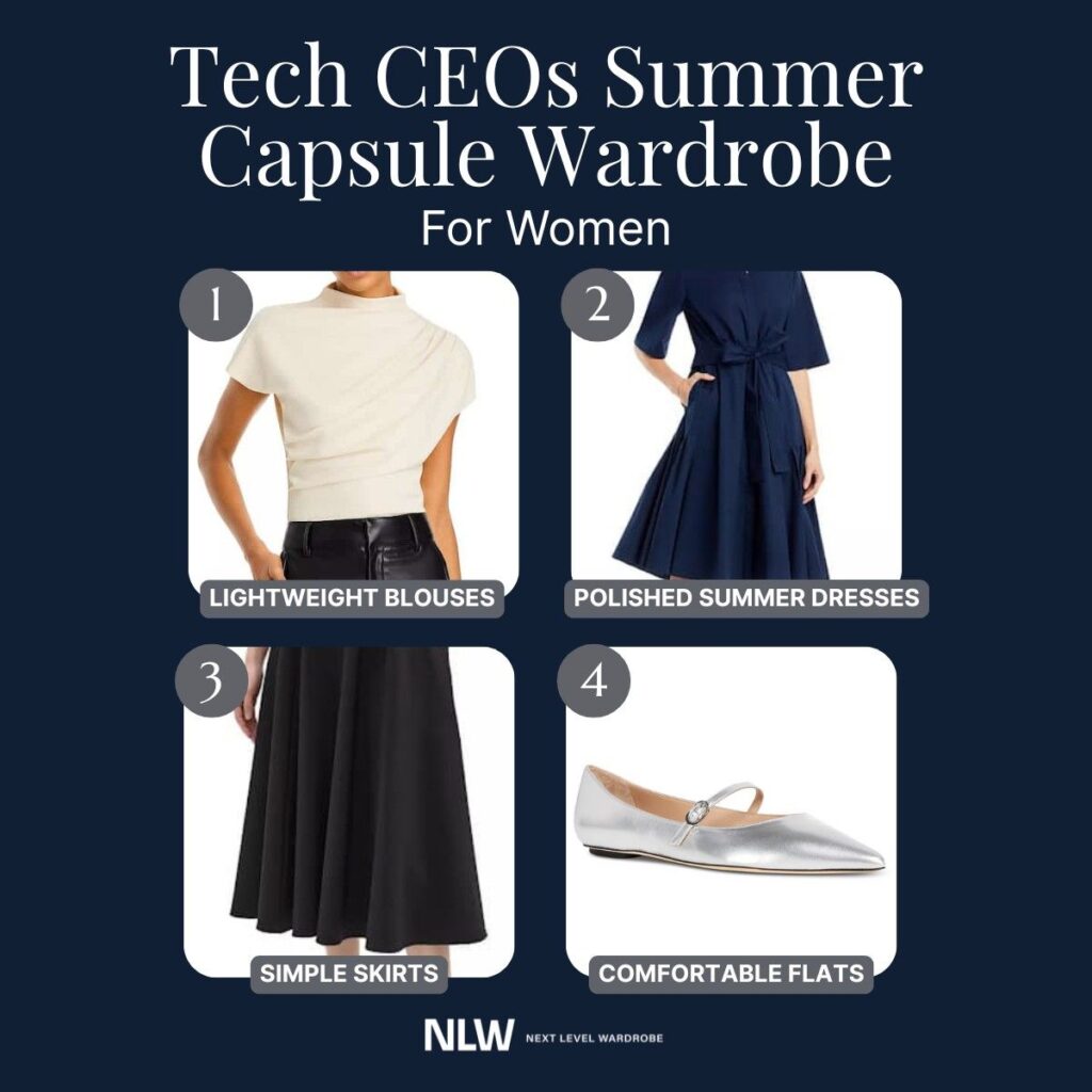 Infographic of a business casual summer capsule wardrobe for women CEOs.