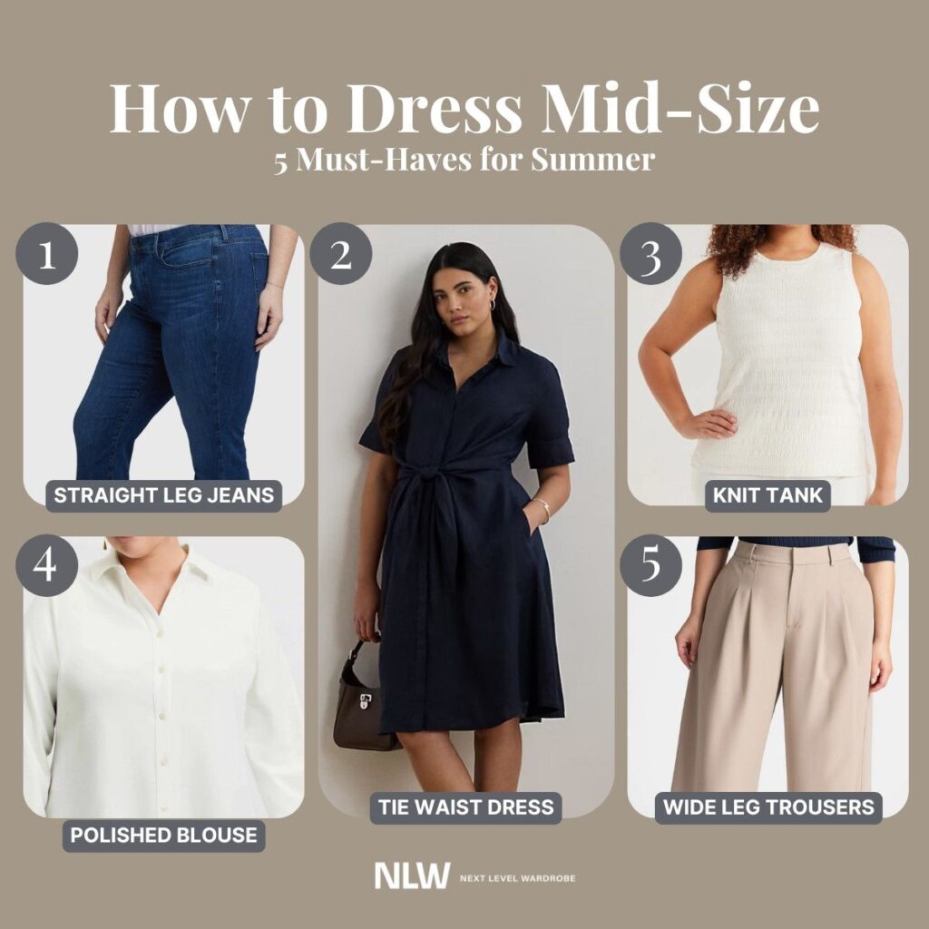 How to dress mid-size in summer with business casual attire infographic.