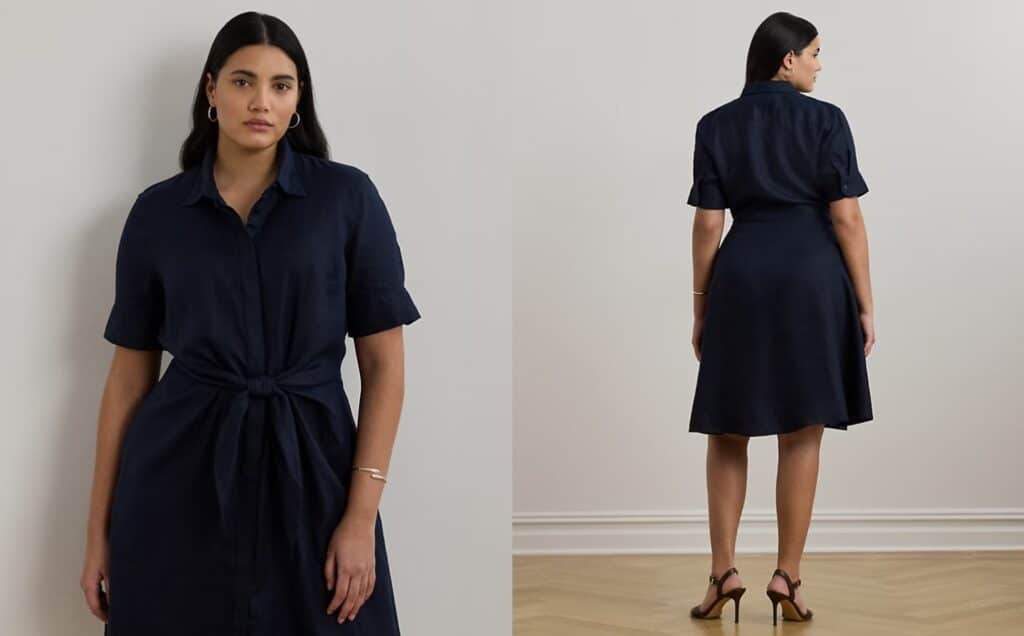 Navy mid-size, knee-length business casual dress for executives.