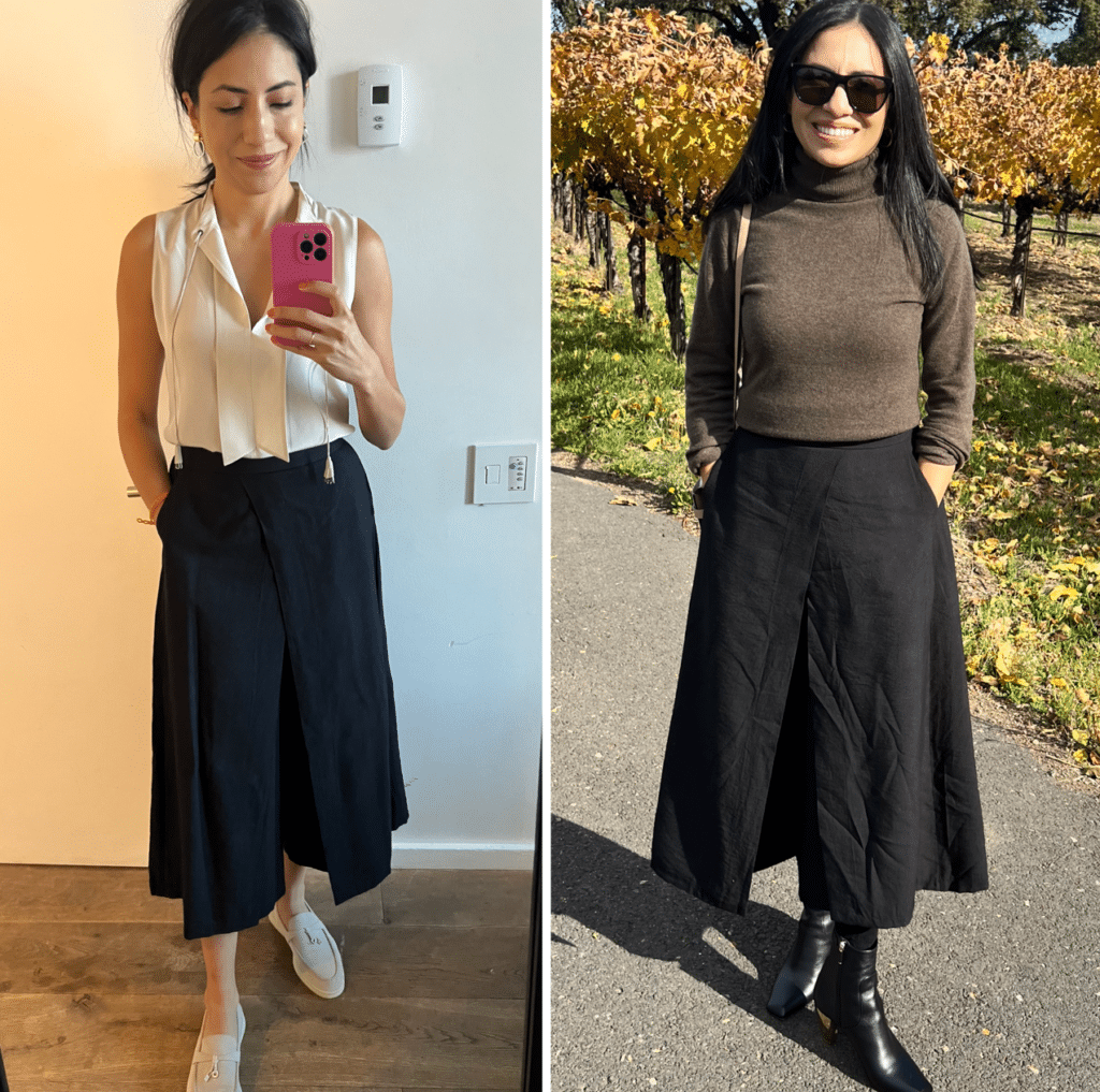 Next level wardrobe founder Cassandra Sethi wearing long black skirt in two different ways.