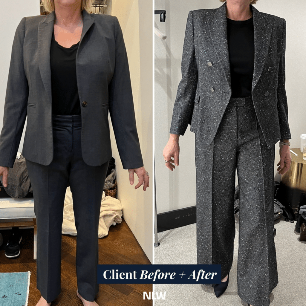 Next level wardrobe client, size 10, dressed in two gray pants suits.