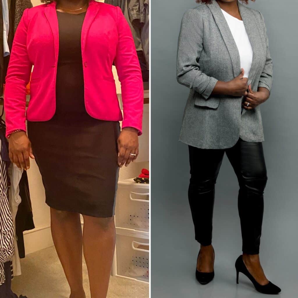 Before and after of client wearing bright office workwear, but transforming to gray and black work suit with black high heels.