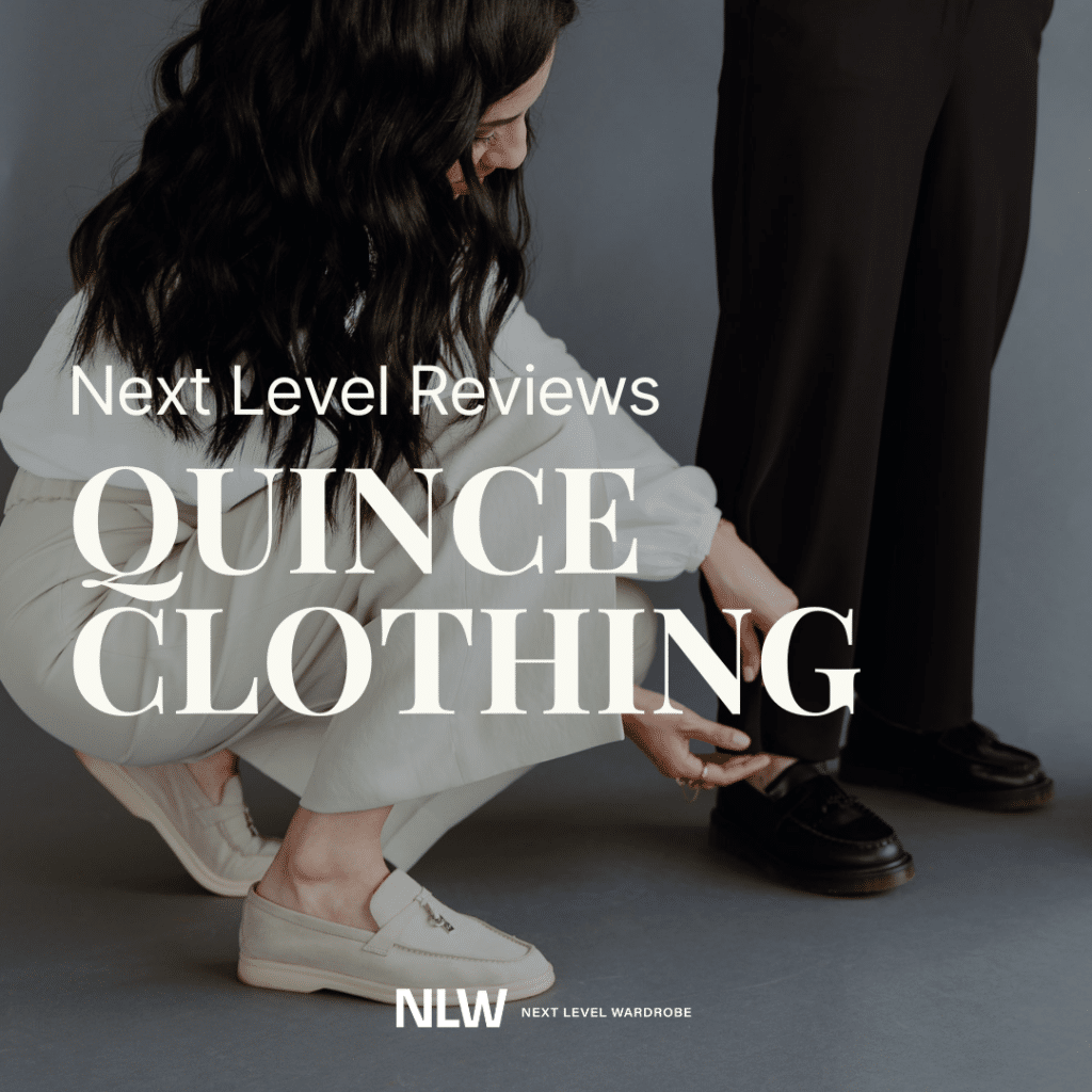 Next level reviews Quince clothing with Cassandra Sethis kneeling to adjust a pant leg.