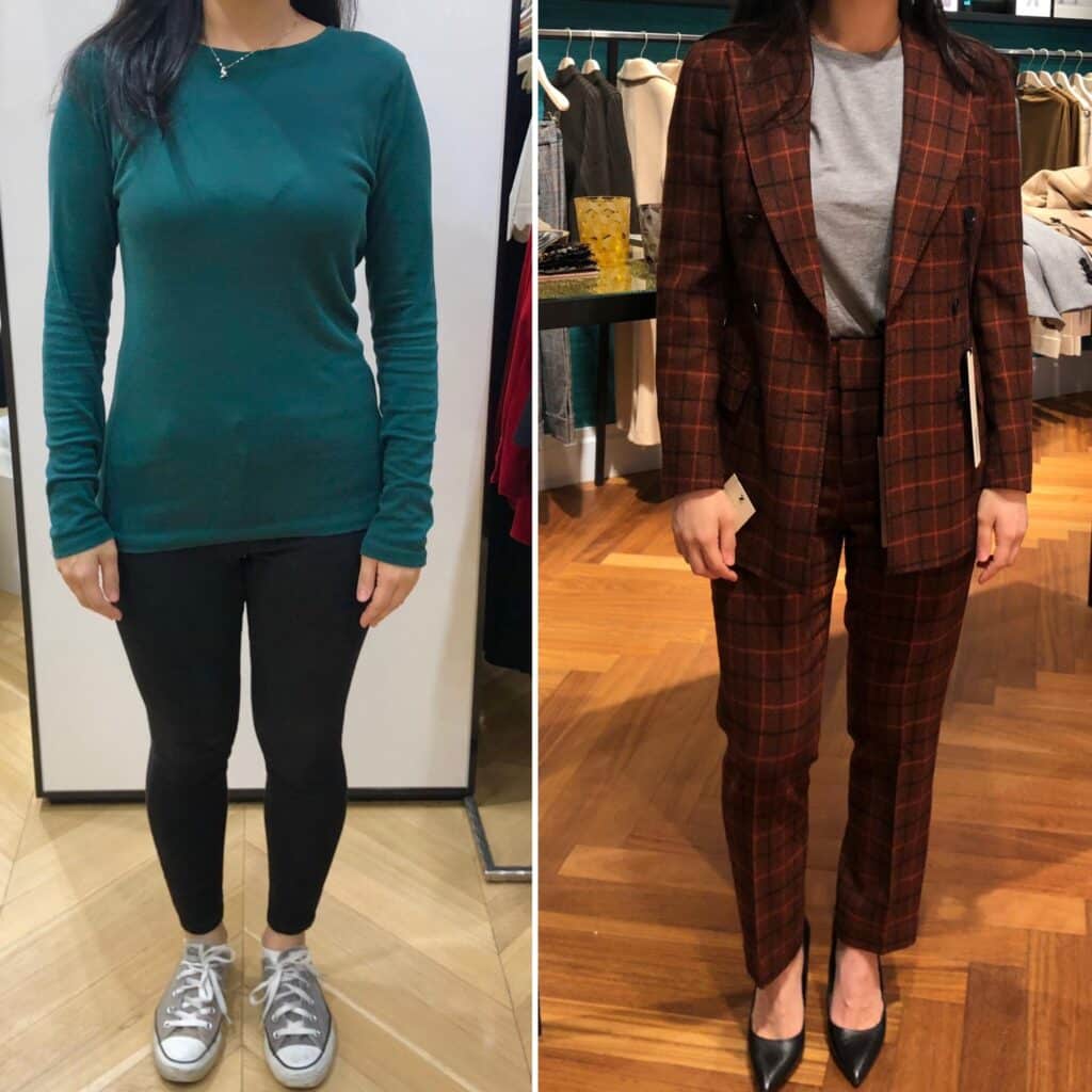 Client before and after of office workwear transformation.