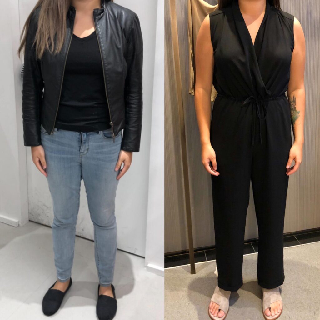 Women workwear transformation before and after pictures.