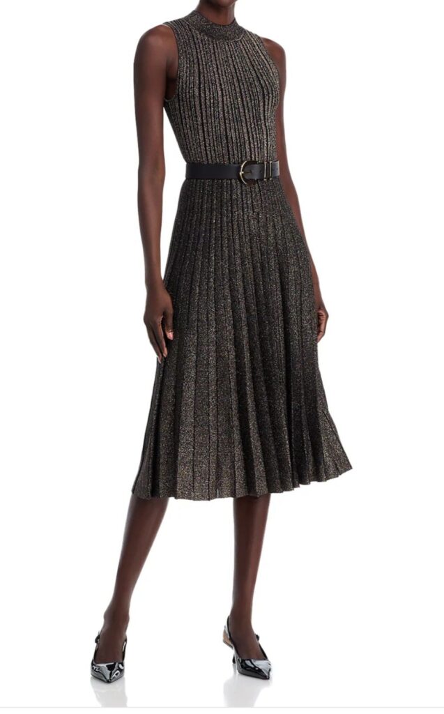 mock neck midi dress with pleats in a dark brown