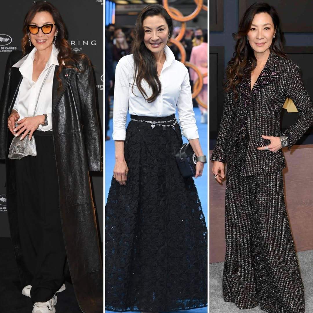 Image shows actress Michelle Yeoh in three different black, bold outfits.