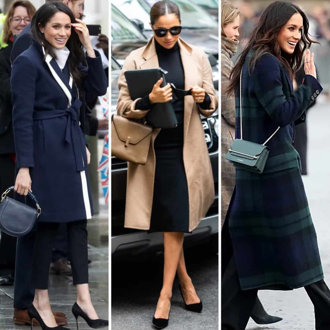 Image shows actress Meghan Markle in three different elegant and sophisticated outfits depicting a classic style.