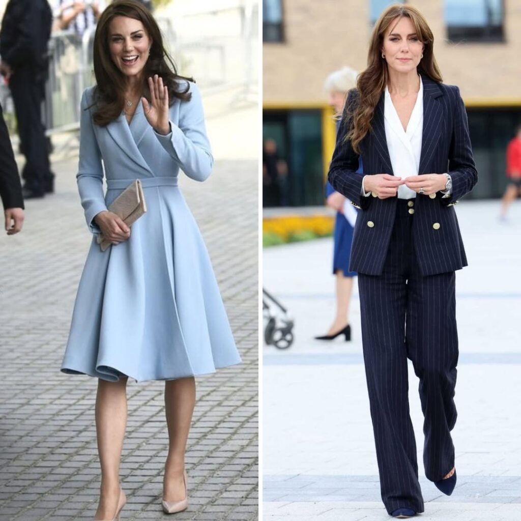 mage shows royal princess Kate Middleton in two trendsetting outfits.