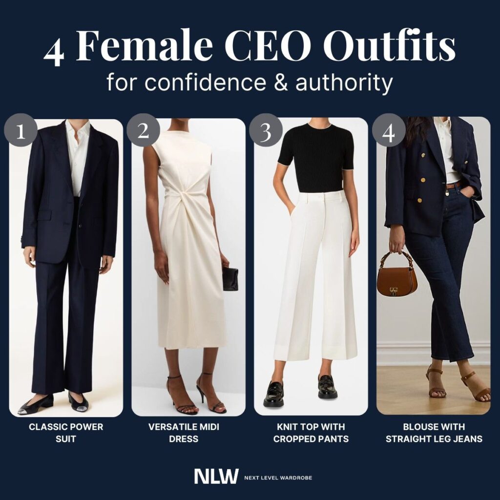 Infographic depicting four confident ceo females in professional, & authoritative outfits.