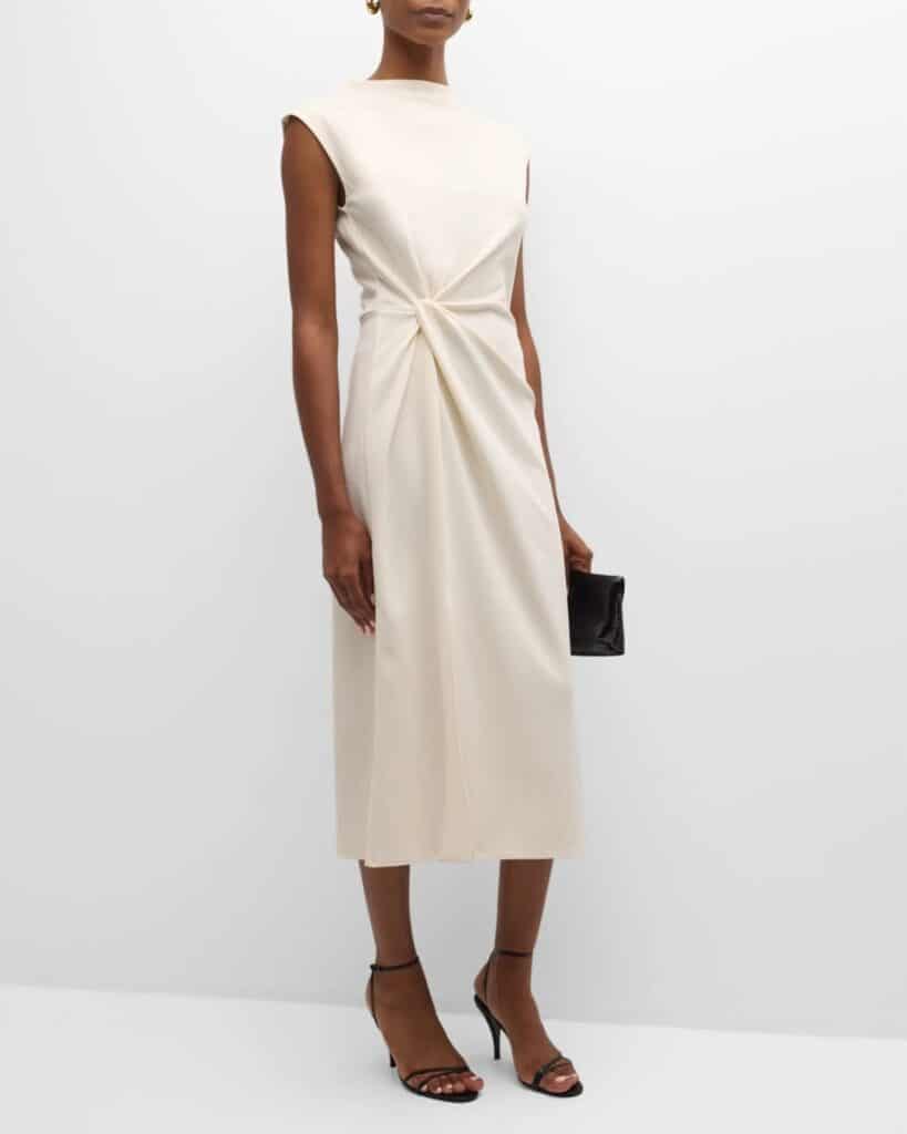 Brand name midi dress in color cream for professional workwear.