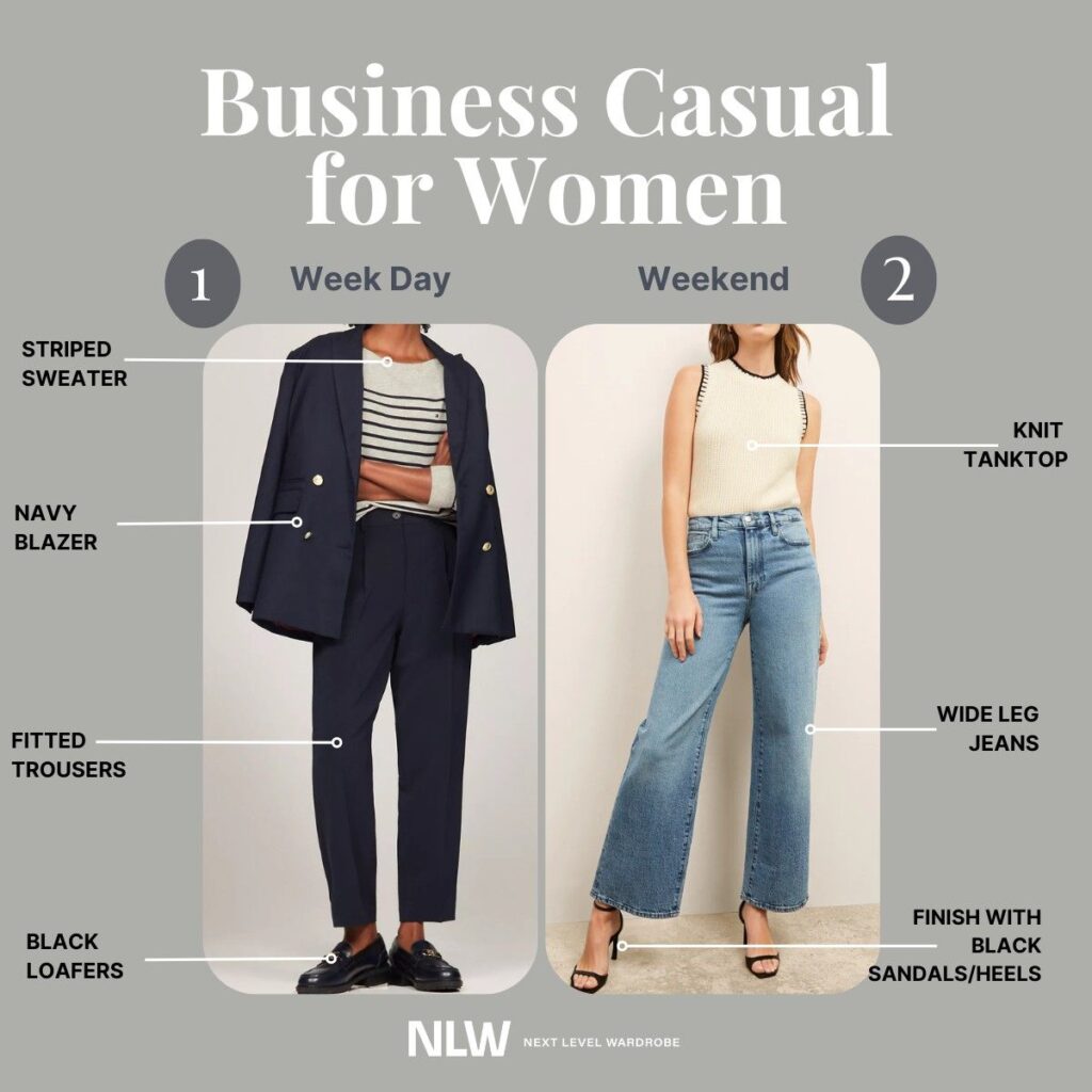 An infographic showing business casual for women on weekdays and weekends