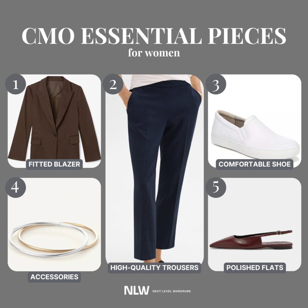 Infographic highlight essential CMO pieces including a fitted blazer, trousers, and comfortable shoes.