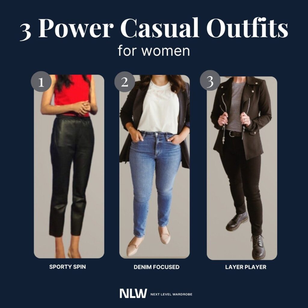 Infographic of three professional women wearing power business casual office workwear.