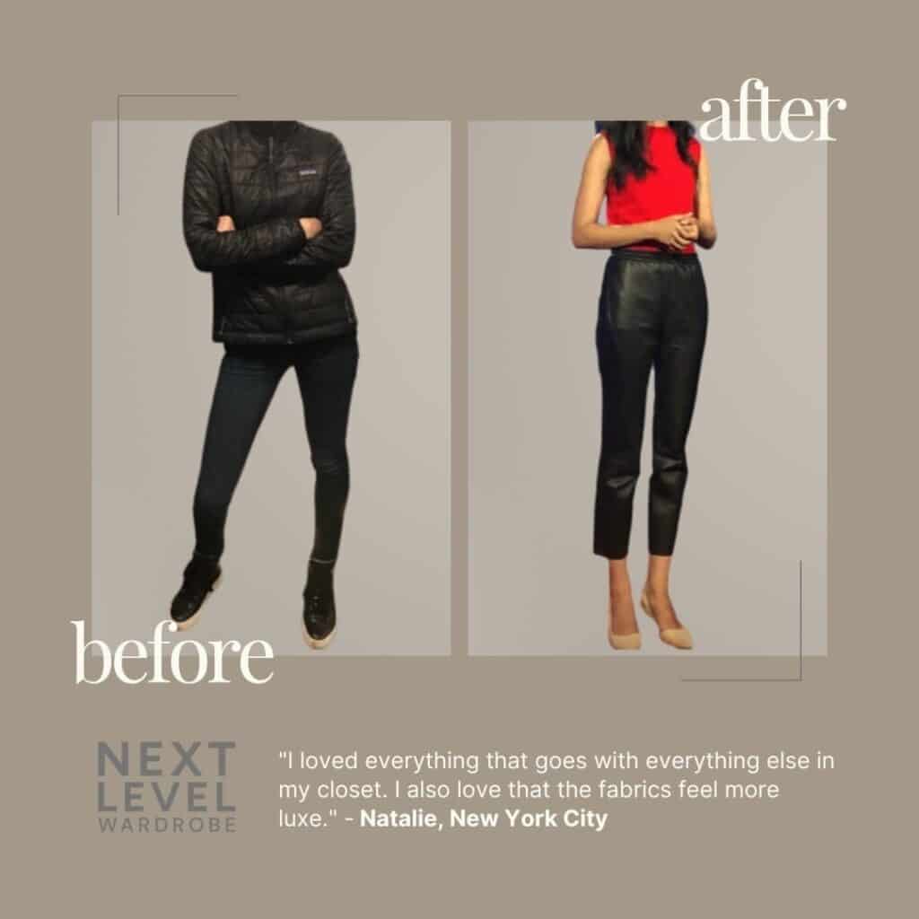 A before and after image of a female in her 30s dressing in power business attire.