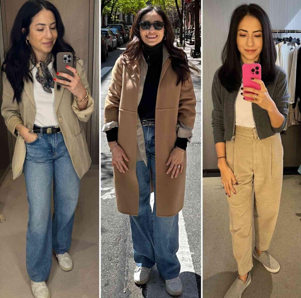Cassandra Sethi showing an image of herself in three power office workwear attire.