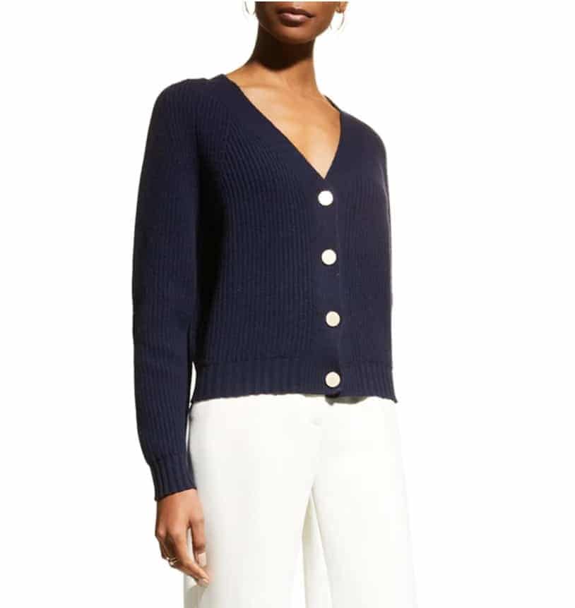Power casual layered piece: White dress pants and a navy button-down lightweight sweater.