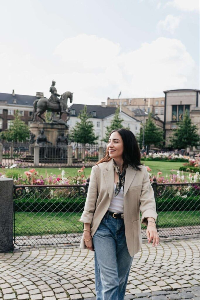 Stylist Cassandra Sethi wearing a power business casual outfit.