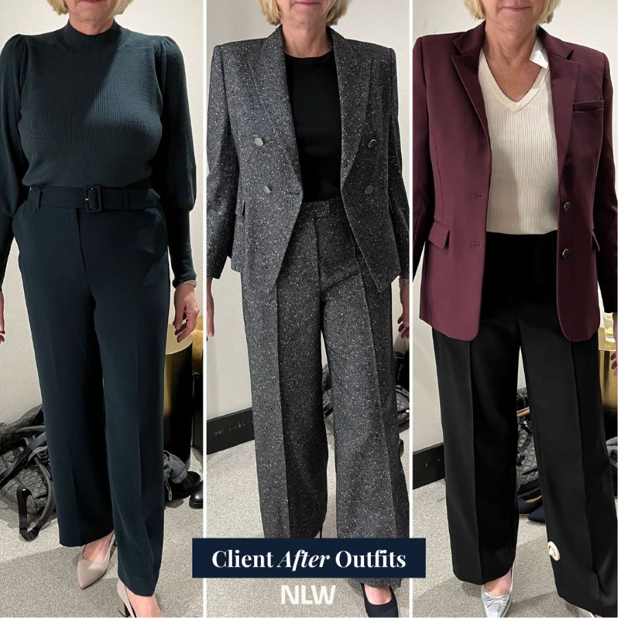 Image showing three "after photos" of a high-powered female partner of a leading NYC law firm wearing business professional outfits curated by personal stylist Cassandra Sethi.