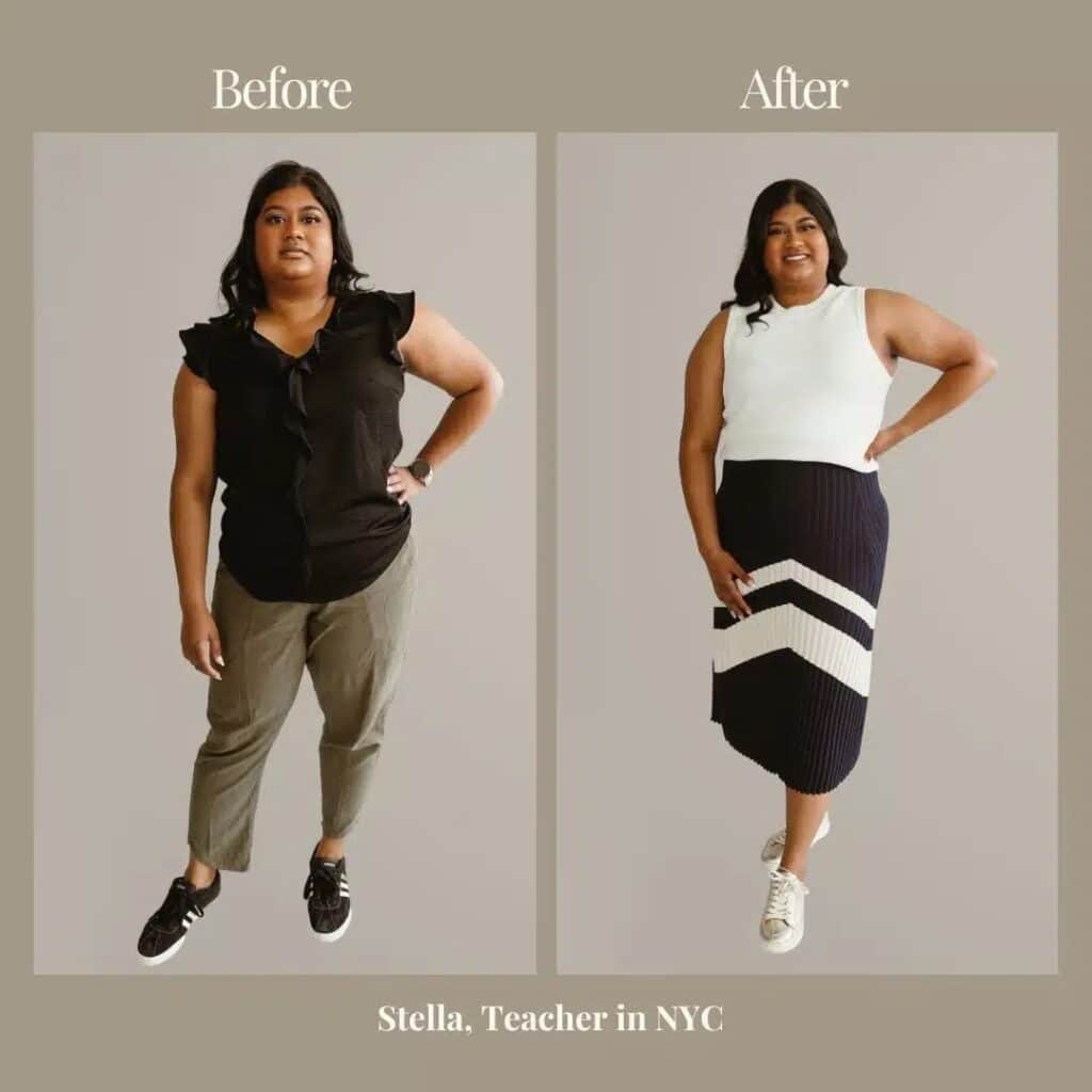 NYC client Stella, shows before and after her virtual personal styling experience.
