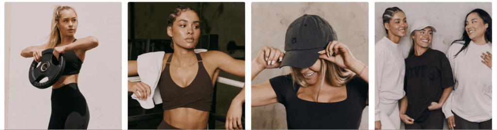 Image of four different athleisure outfits for women by Buffbunny.